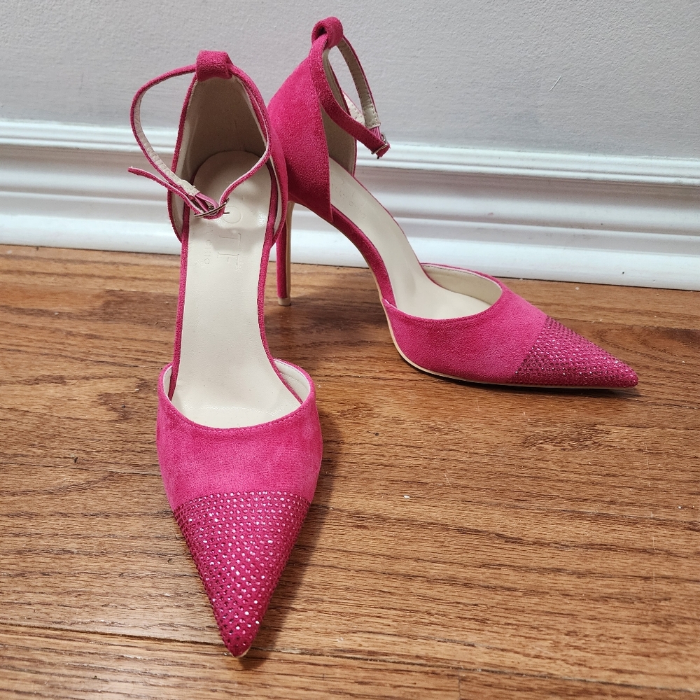 MOTF Pink Suede Pointed Toe Ankle Strap Heels with Rhinestone Tip